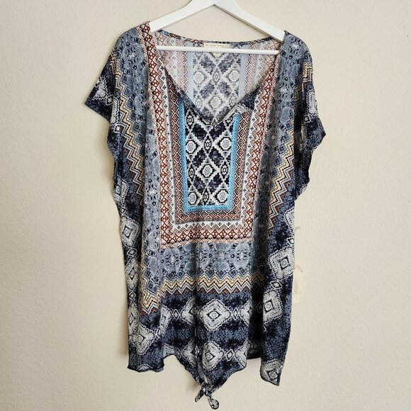Farmer’s Market Floral Geo Top Womens Size‎ 3X Tie Front Split Neck Boho Multi - Picture 2 of 8